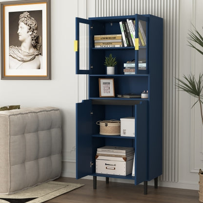 Navy Blue 4-Door Adjustable Tempered Glass Tall Storage Bookcase Cabinet