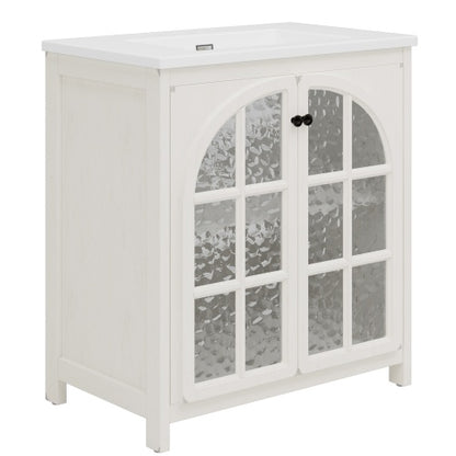 31" Farmhouse Bathroom Vanity with Ceramic Sink, Faux Aged Finish, Vintage Rustic Bathroom Cabinet with Bronze Pulls and 2 Soft-Closing Doors, Antique White