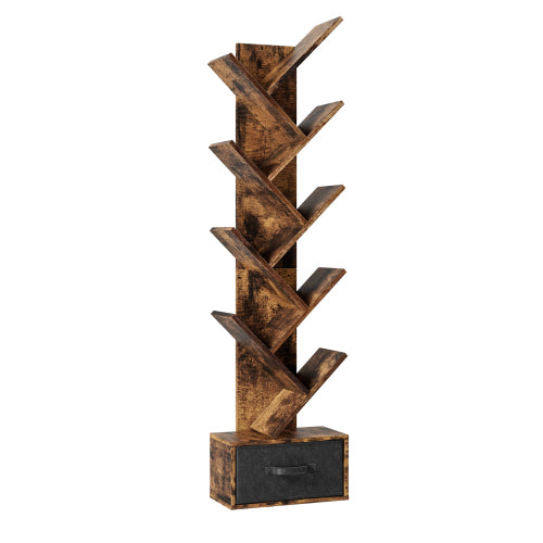 Rustic Brown 9-Tier Tree-Shaped Bookshelf with Drawer, MDF Vertical Storage Rack 15¡Á7.7¡Á55.5 Inch