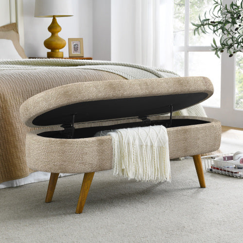 Ottoman Oval Storage Bench,Rubber Wood Legs, Gray (43.5inch x16inch x16inch )Brown