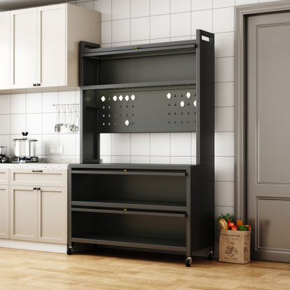 65'' Tall Kitchen Bakers Rack with Flip Door Cabinet, 5 Tier Multifunctional Microwave Stand Buffet, Coffee Bar, Quick Assembly, Gray