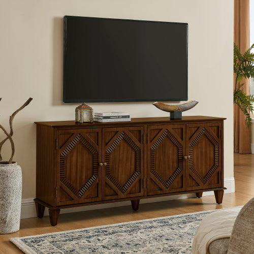 65.2 inch Mid Century Modern Sideboard Buffet Cabinet with Storage, Symmetrical Geometric Accent Coffee Bar Wine Bar Storage Cabinet, Large Console Table for Living Room/Entryway/Kitchen, Walnut