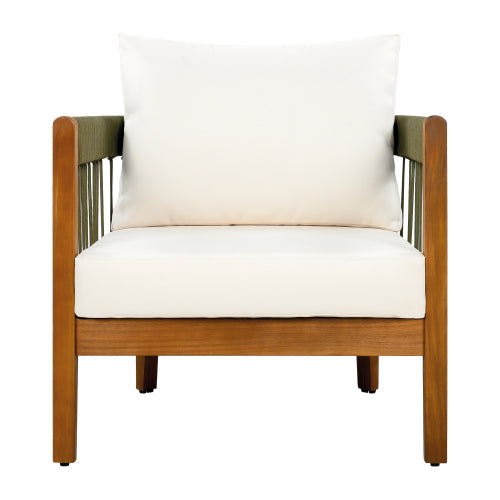 Acacia Wood Outdoor Club Chair with Handwoven Rope Accents & Curved Backrest - Water-Resistant Boho Patio Lounge Chair with Removable Cushions for Porch, Garden