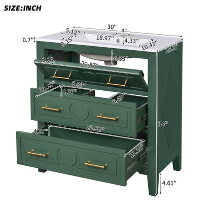30'' Bathroom Vanity with Ceramic Sink Combo, Free Standing Single Vanity Set with 3 Drawers, Solid Wood Frame Bathroom Storage Cabinet, Green