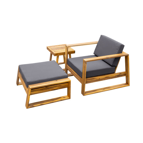 STYLE Acacia Wood Outdoor Lounge Set - Chair and Ottoman with Removable Cushions