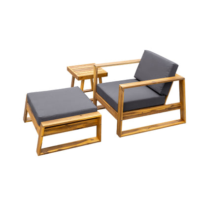 STYLE Acacia Wood Outdoor Lounge Set - Chair and Ottoman with Removable Cushions