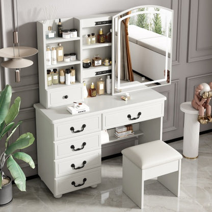 White Makeup Vanity Table with Mirror & Lights, 3 Color LED, 6 Drawers, Tabletop Shelf, Side Shelves & Sliding Glass Door