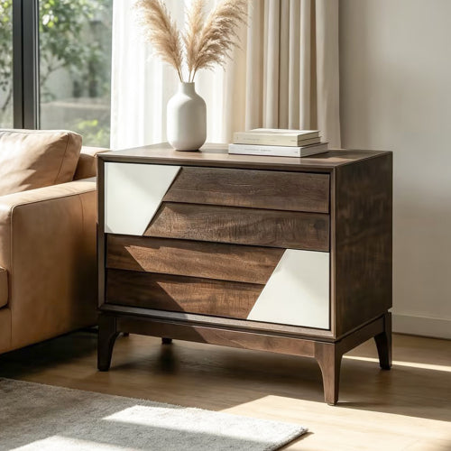 Brown & Cream White Japandi Nightstand, 2-Drawer Angled Patchwork Bedside Table with Tapered Legs