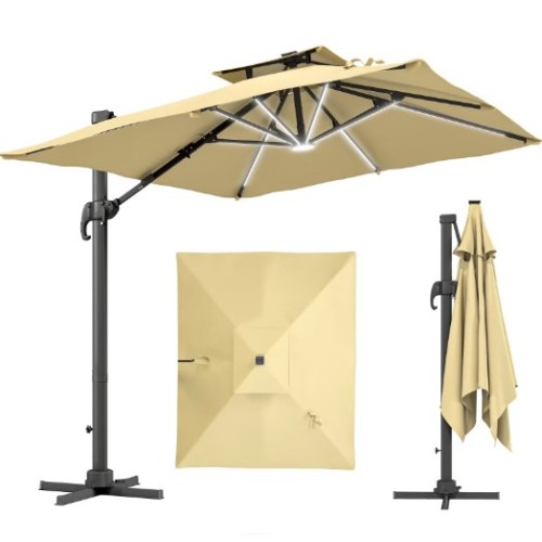 Outdoor Umbrellas,Offset Hanging Umbrella,Solar LED Cantilever Umbrella,with 360°Rotation,Cross Base,Ribs,Tilt and Crank