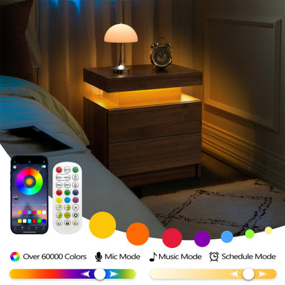 Walnut LED Nightstand with Adjustable Lights & Drawers