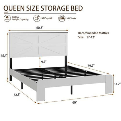 Queen Bed Frame Headboard , Wood Platform Bed Frame , Noise Free,No Box Spring Needed and Easy Assembly Tool,Large Under Bed Storage,White