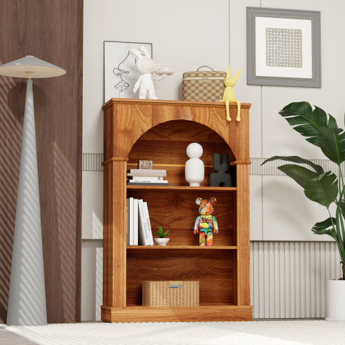 Light Walnut 3-Tier Arched Open Bookshelf Beaded Trim Eco-Friendly Wood Living Room Hallway Display Shelf