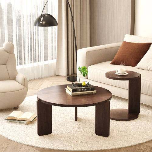 Set of 2 Walnut Veneer Nesting Round Coffee Tables, Water Resistant PU Paint MDF Side Table