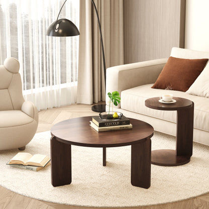 Set of 2 Walnut Veneer Nesting Round Coffee Tables, Water Resistant PU Paint MDF Side Table