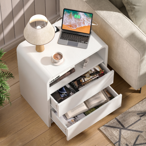 White Smooth 2-Drawer Nightstand with Charging Station, Mid-Century USB Bedside Table