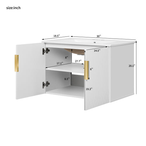 30" Vintage Bathroom Vanity with Ceramic Sink, with 3 Holes Single Ceramic Sink, Bathroom Storage Vanity Cabinet with 2 Soft Closing Doors
