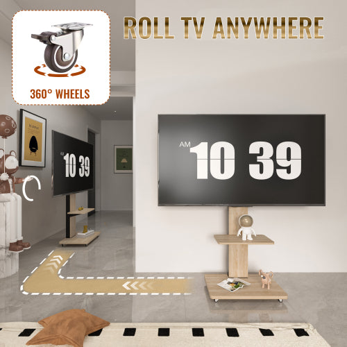 Natural Mobile TV Cart with Lockable Wheels, Height Adjustable Floor TV Stand for 32-75 Inch TV