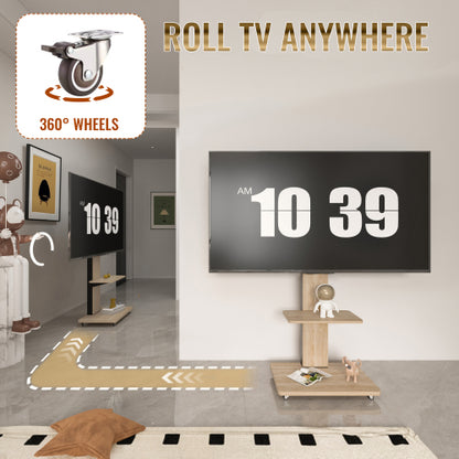 Natural Mobile TV Cart with Lockable Wheels, Height Adjustable Floor TV Stand for 32-75 Inch TV