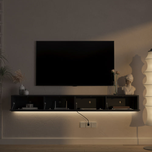 Wall Mount Floating High Gloss TV Cabinet with 16 Color LED Lights & Power Outlet for Living Room