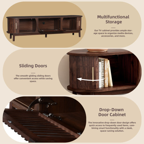 Dark Brown Farmhouse Style TV Stand Suitable For 75 Inch TV Solid Wood Leg Entertainment Cabinet
