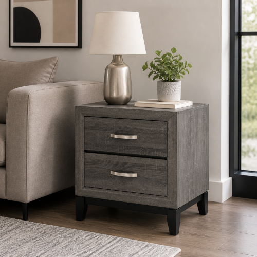 Modern 2 Drawer Nightstand with Wood Grain Finish, Solid Wood Frame Bedside Table