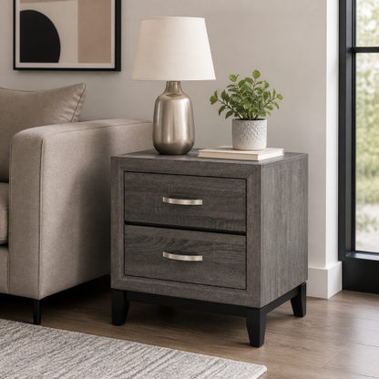 Modern 2 Drawer Nightstand with Wood Grain Finish, Solid Wood Frame Bedside Table