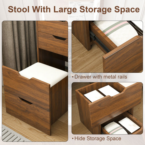 Walnut 3?in?1 Flip?Top Lighted Vanity Desk 18.9 inch L, Shatter?Proof HD Mirror, Storage Stool