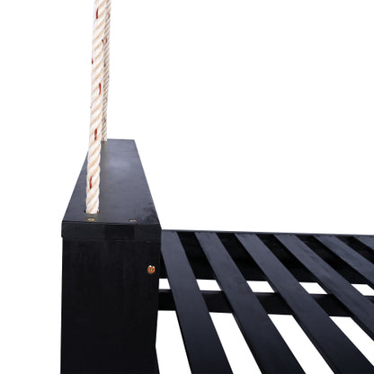 Twin Size Porch Swing Bed Seating Group, Patio Acacia Wood Swing Frame with Hemp Ropes for Garden, Backyard, Black