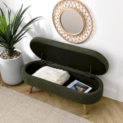 Ottoman Oval Storage Bench,Rubber Wood Legs, Green(43.5inch x16inch x16inch )