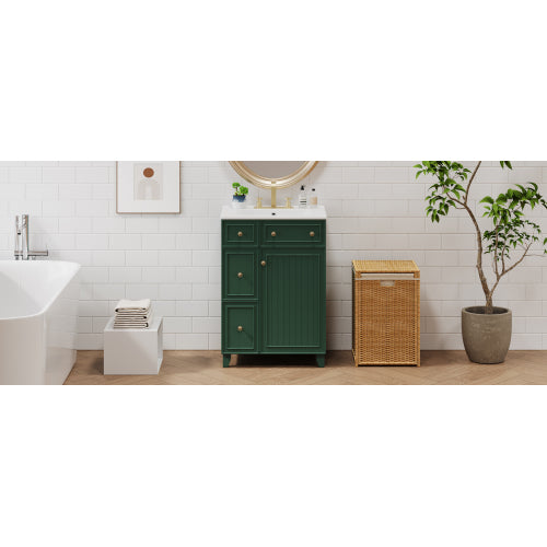 24" Forest Green Bathroom Vanity Cabinet with Ceramic Sink, 2 Drawers, 1 Soft-Close Door