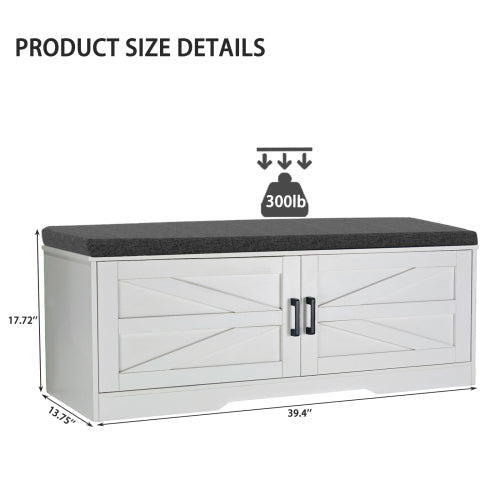 2-Tier Storage Bench, Farmhouse Shoe Bench with Padded Seat Cushion, Entryway Bench with 2 Barn Doors & 2 Adjustable Shelves, 13.75inch  D x 39.4inch  W x 17.72inch  H, for Entryway, Bedroom, Living Room, White