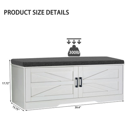 2-Tier Storage Bench, Farmhouse Shoe Bench with Padded Seat Cushion, Entryway Bench with 2 Barn Doors & 2 Adjustable Shelves, 13.75inch  D x 39.4inch  W x 17.72inch  H, for Entryway, Bedroom, Living Room, White
