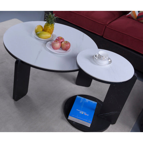 Set of 2 Round Nesting Coffee Tables, White Sintered Stone Top & MDF Frame, 32.68inch +16.93inch  for Small Spaces
