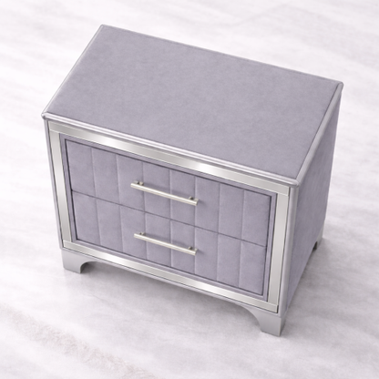 Contemporary Acrylic Nightstand with Two Drawers, Upholstered Bedside Table Featuring Silver Metal Legs, Modern End Table for Bedroom or Living Space (22.64inch  W x 15.75inch  D x 24.13inch  H)