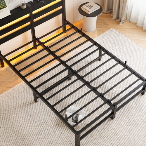 Full Size Metal Bed Frame with Wooden Headboard, RGB Lights, Outlets & Charger, Storage Shelf, Noise-Free, No Box Spring Needed