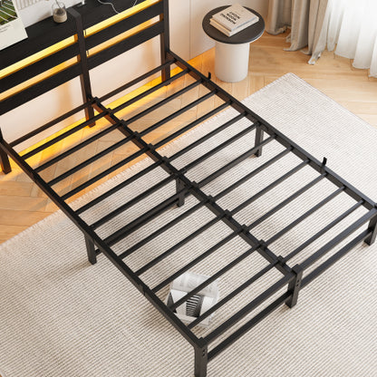Full Size Metal Bed Frame with Wooden Headboard, RGB Lights, Outlets & Charger, Storage Shelf, Noise-Free, No Box Spring Needed