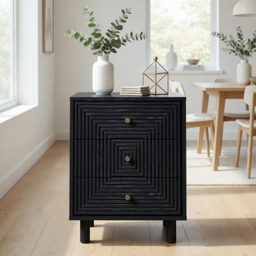 18.7inch Black Modern Nightstand, 3 Geometric Drawers with Gold Knobs & Solid Wood Legs