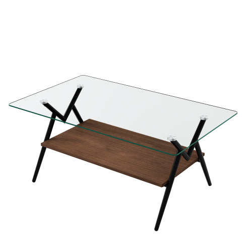 Rectangle Glass Coffee Table Black Metal Legs Modern Living Room Center Table 38 Inch