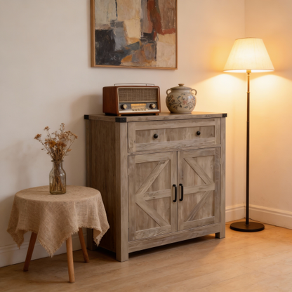 Light Gray-Washed Wood Farmhouse Barn-Door Storage Cabinet, Coffee Bar Buffet Sideboard with Drawer for Kitchen & Living Room