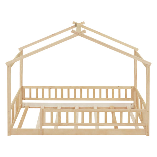 Twin Size Wood Bed House Bed Frame with Fence, for Kids, Teens, Girls, Boys,Natural