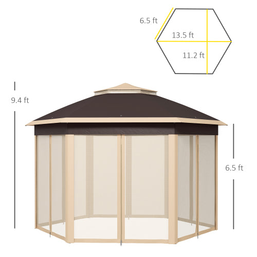 13' x 13' Pop Up Gazebo, Hexagonal Canopy Shelter with 6 Zippered Mesh Netting, Event Tent with Strong Steel Frame for Patio, Backyard, Garden, Wedding, Party, Beige