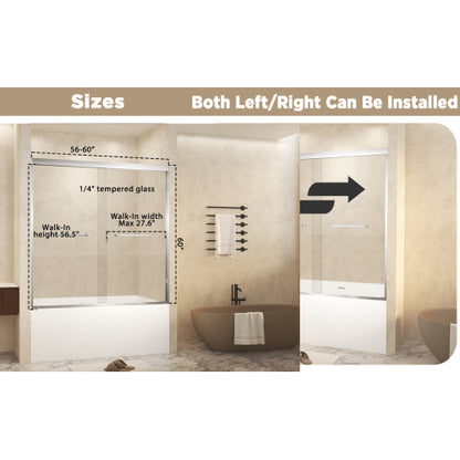 56-60" x 60" Tempered Glass with Explosion Proof Film, Aluminum Frame Double Sliding Shower Door, "1/4 (6 mm), Stainless Steel handle,Brushed Nickel