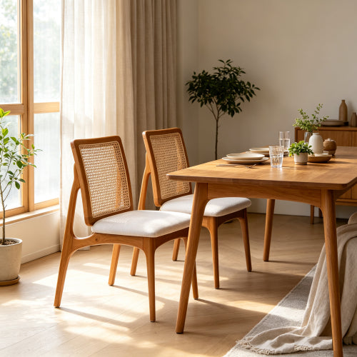 Mid Century Rattan Dining Chairs Set of 2, Solid Rubber Wood Side Chairs with Cane Rattan Back