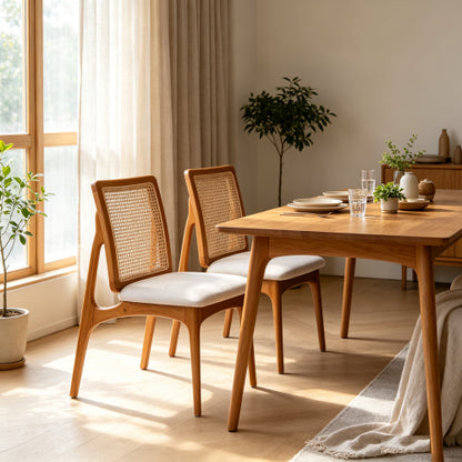 Mid Century Rattan Dining Chairs Set of 2, Solid Rubber Wood Side Chairs with Cane Rattan Back
