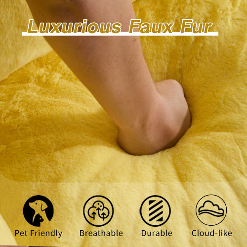 Yellow Oversized 2-Seater Fluffy Rabbit-Fabric Bean Bag Sofa with Pillows