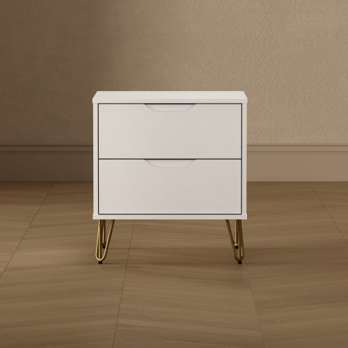 White Modern Nightstand, 2 Drawers & Metal Legs