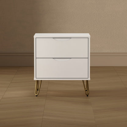White Modern Nightstand, 2 Drawers & Metal Legs