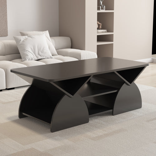 Modern Rectangular Coffee Table with Storage Shelves Engineered Wood Black