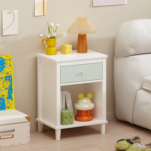 26.77''H Kids Nightstand with Drawer and Shelf, Sage and White Storage Table