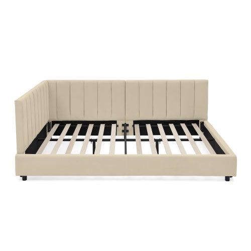 Full Size Upholstered Tufted Bed Frame, Sofa Bed Frame with Comfortable Backrest and Armrests, Full Size Bed for Bedroom, Living Room,Velvet-Beige(81inch *60inch *29.5inch )